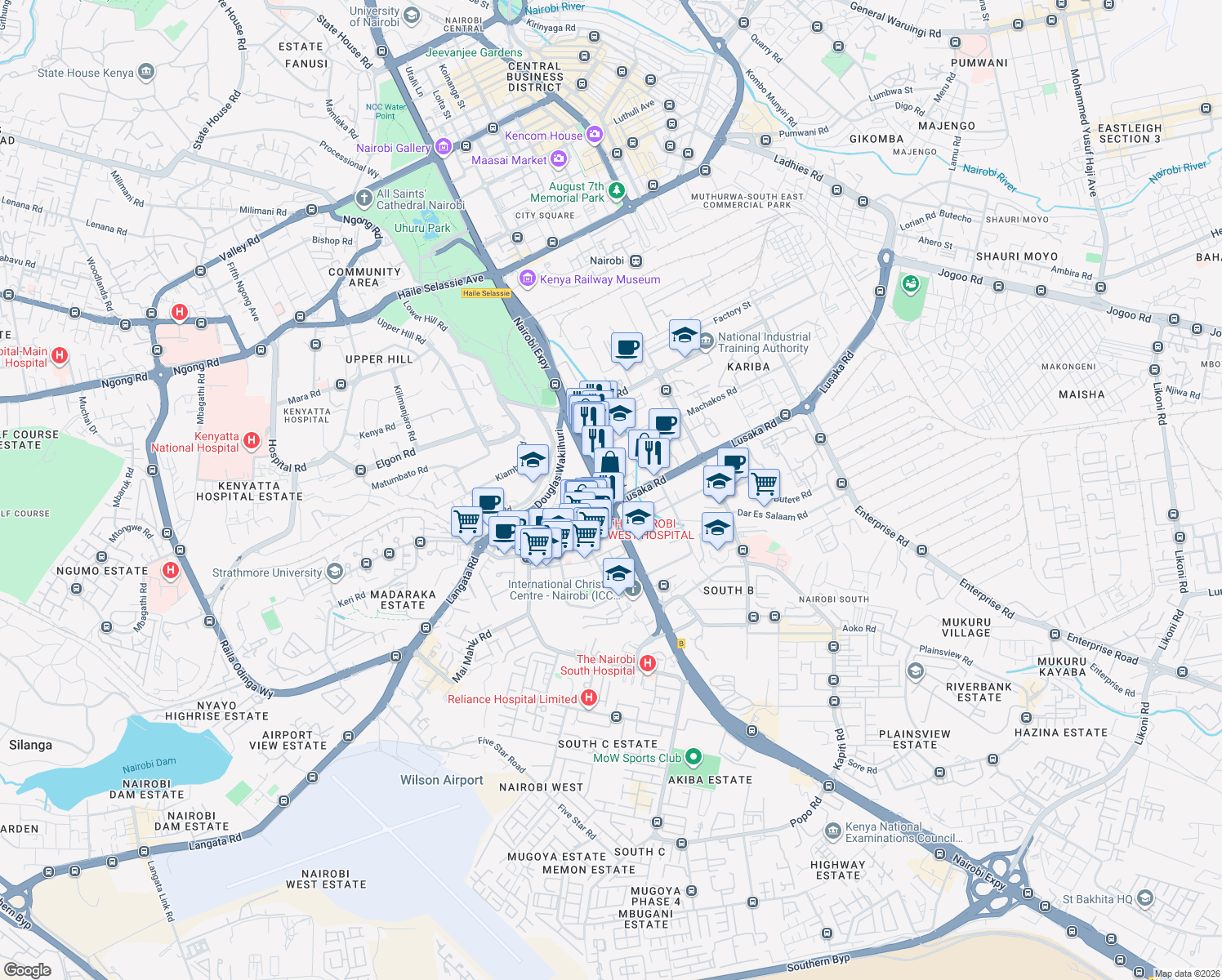 map of restaurants, bars, coffee shops, grocery stores, and more near Baricho Road in Nairobi