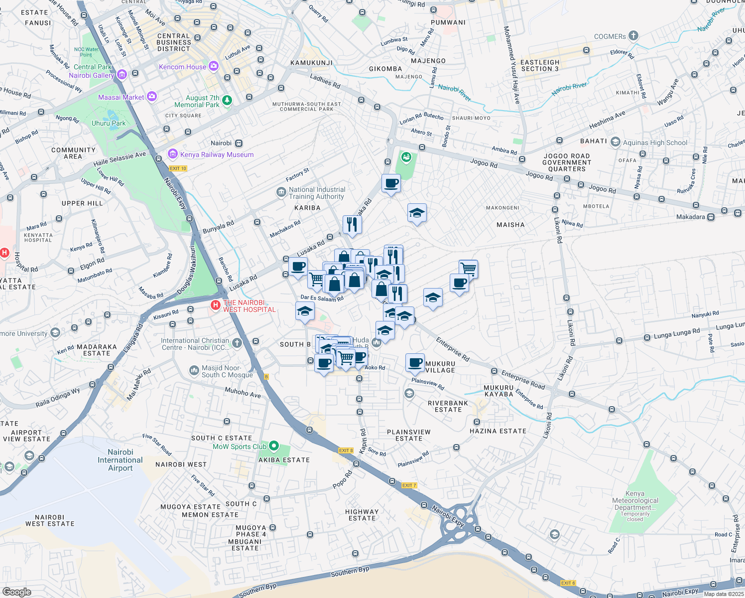 map of restaurants, bars, coffee shops, grocery stores, and more near 1 Funzi Road in Nairobi