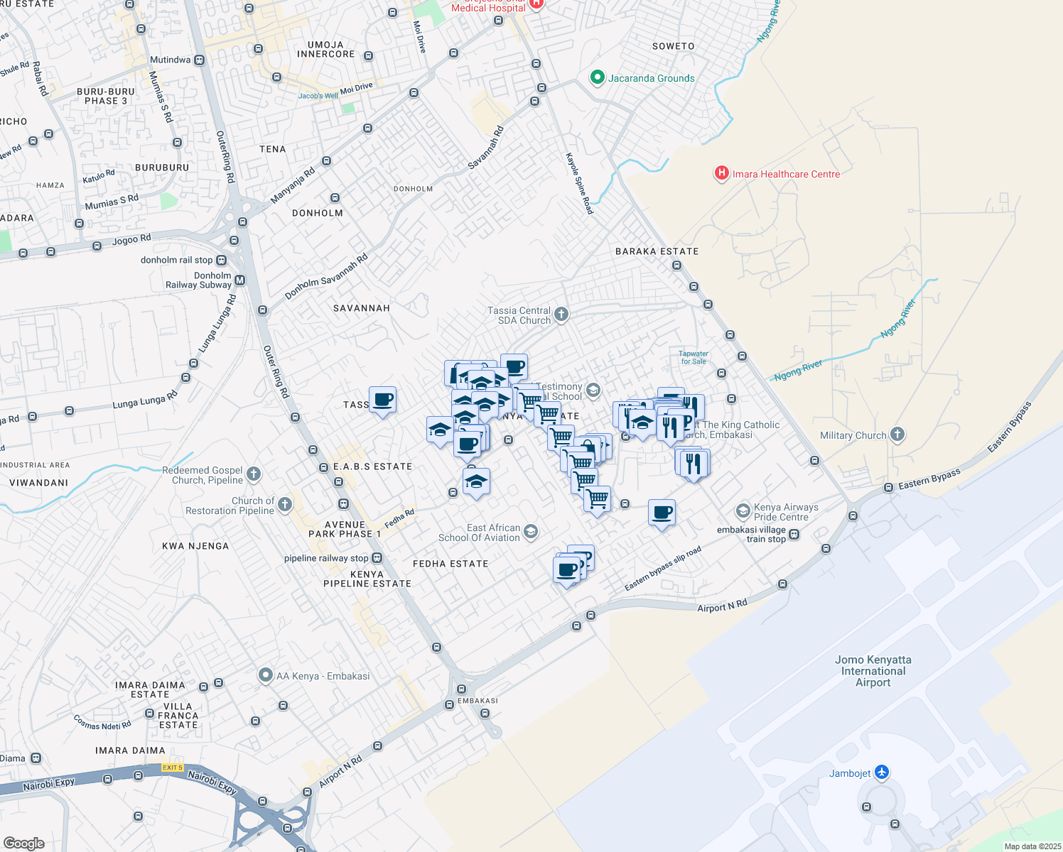 map of restaurants, bars, coffee shops, grocery stores, and more near Road to Utawala Academy in Nairobi