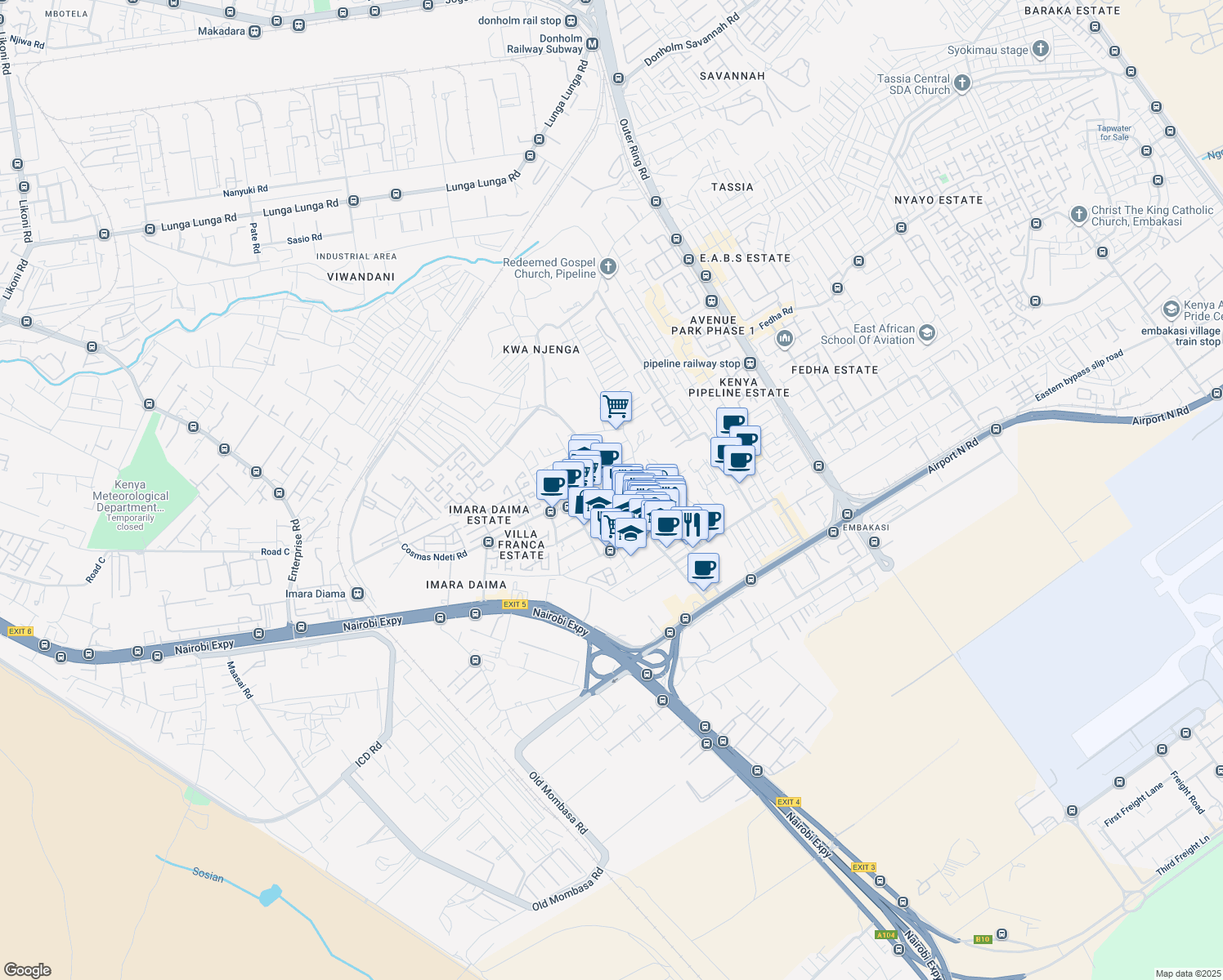 map of restaurants, bars, coffee shops, grocery stores, and more near Catherine Ndereba Road in Nairobi