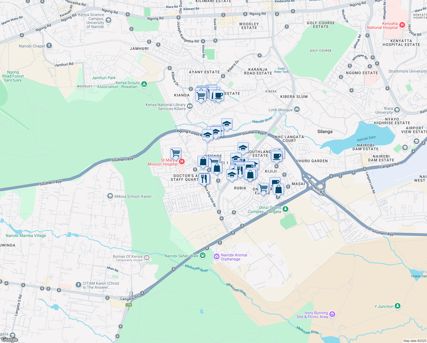 map of restaurants, bars, coffee shops, grocery stores, and more near Sasuma Crescent in Nairobi