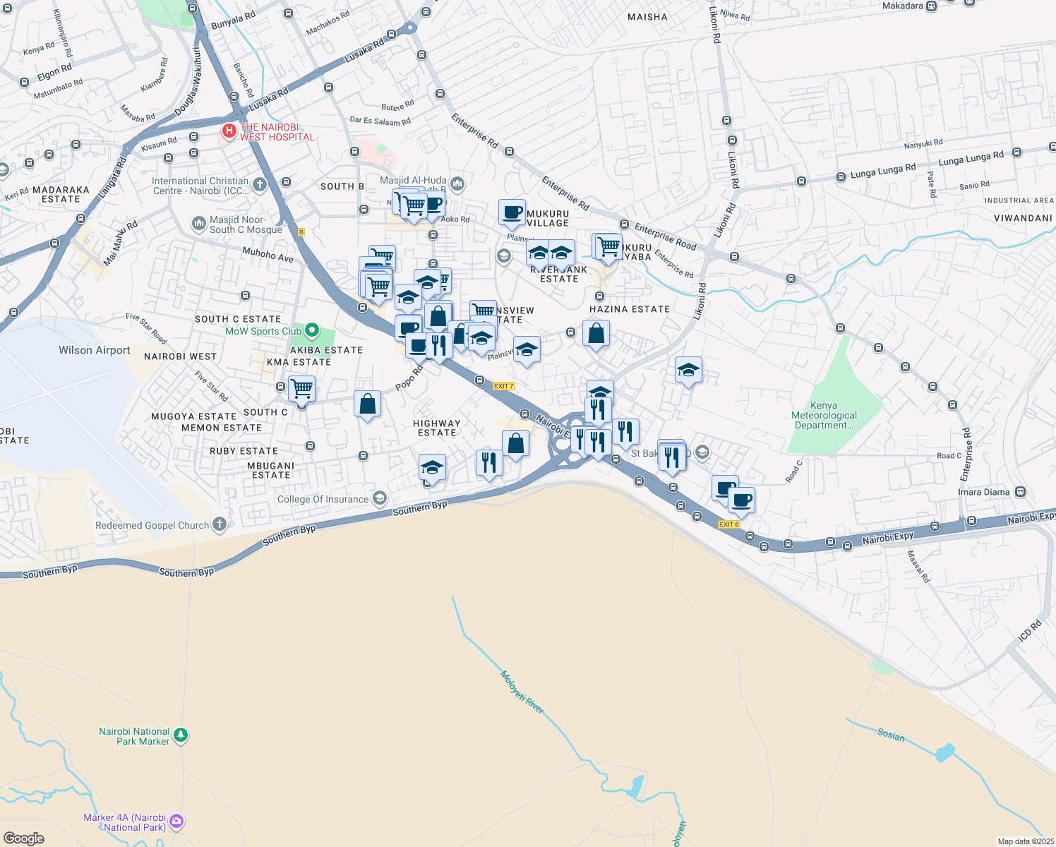 map of restaurants, bars, coffee shops, grocery stores, and more near Mombasa Road in Nairobi
