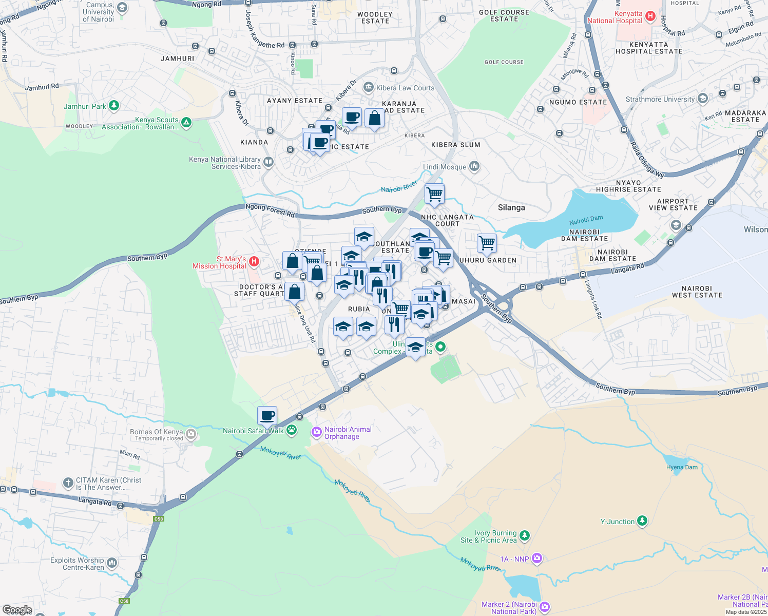 map of restaurants, bars, coffee shops, grocery stores, and more near Kitengela Road in Nairobi