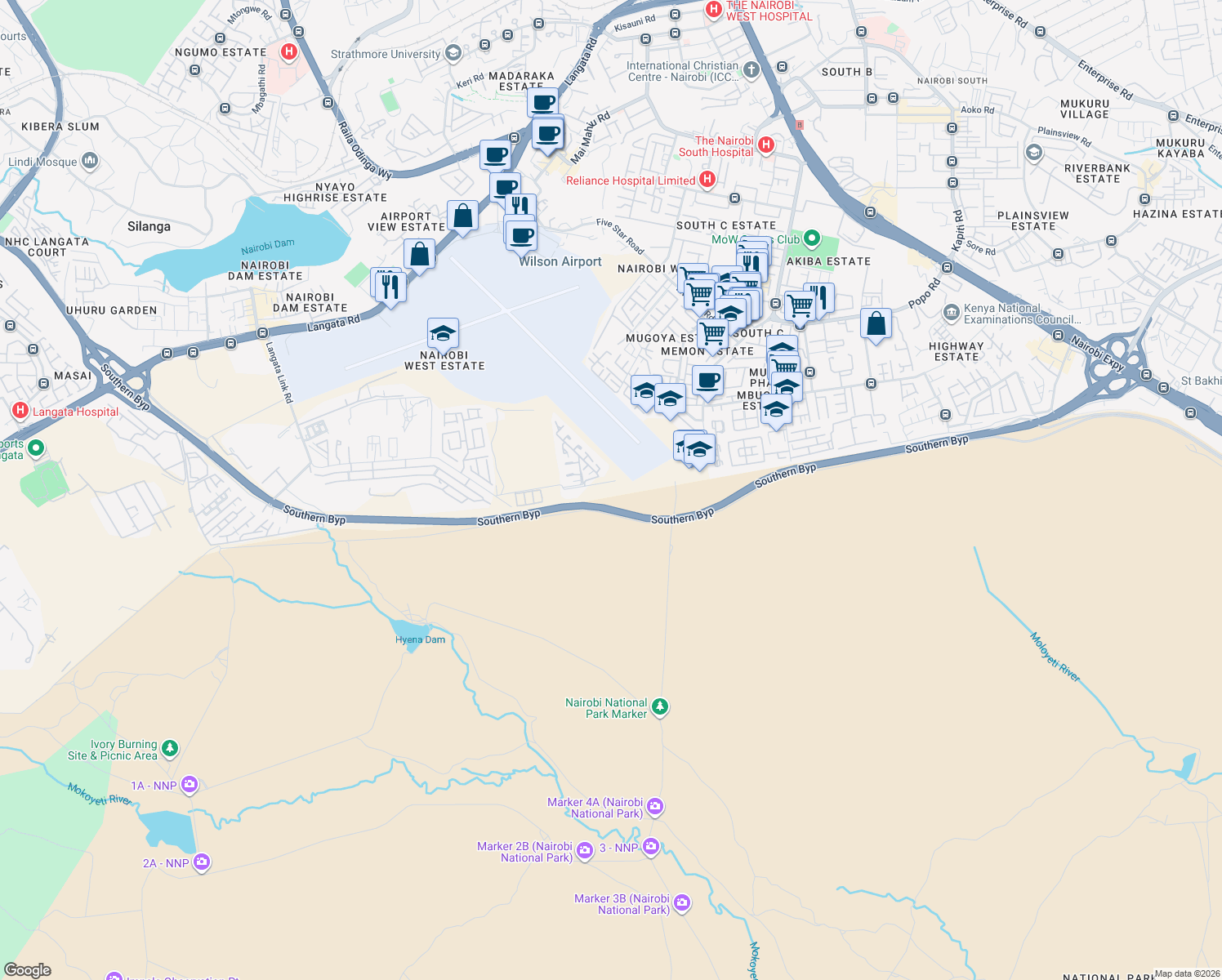 map of restaurants, bars, coffee shops, grocery stores, and more near Southern Bypass in Nairobi