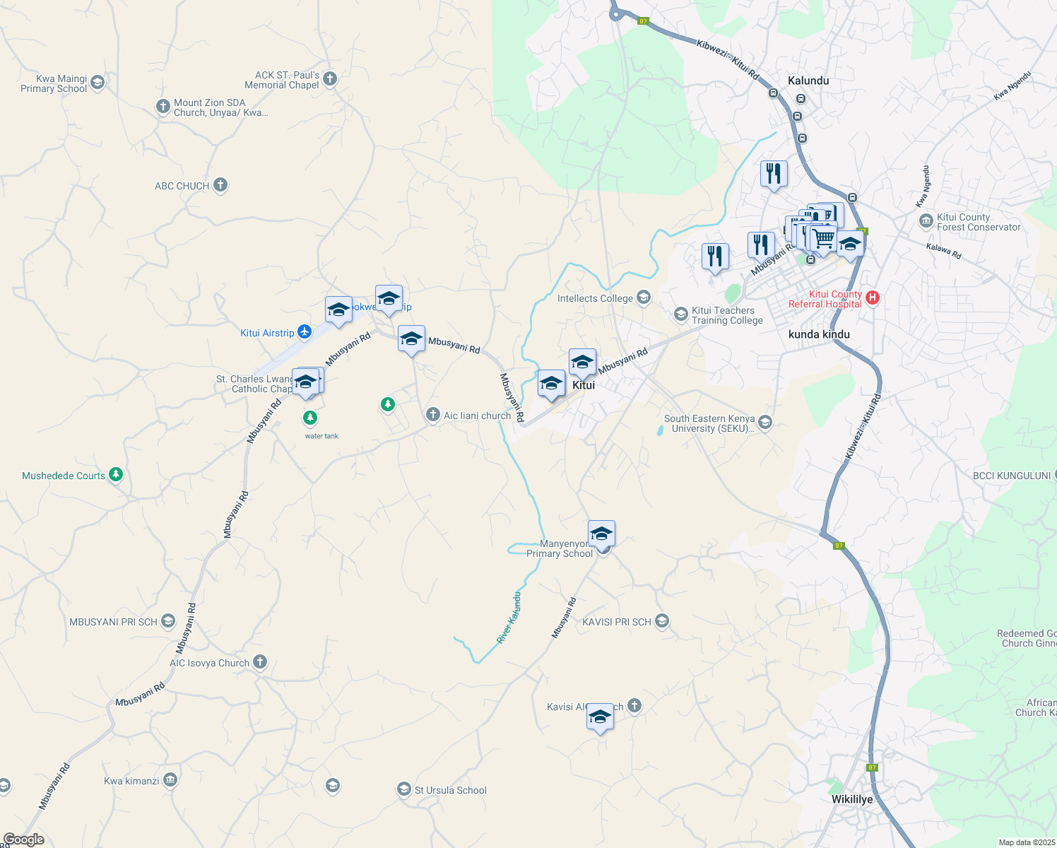 map of restaurants, bars, coffee shops, grocery stores, and more near Mbusyani Road in Kitui