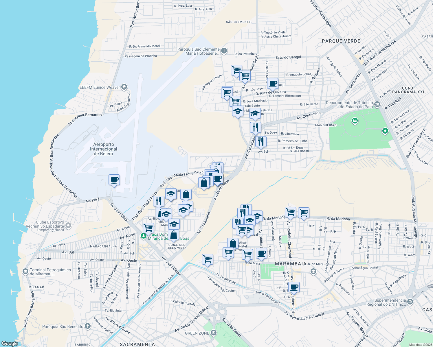 map of restaurants, bars, coffee shops, grocery stores, and more near 1052 Avenida Centenário in Belém