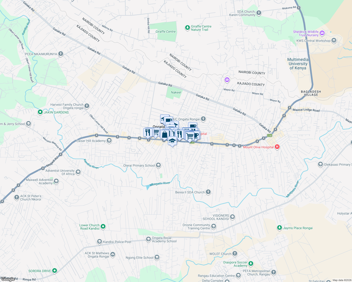 map of restaurants, bars, coffee shops, grocery stores, and more near Magadi Road in Ongata Rongai