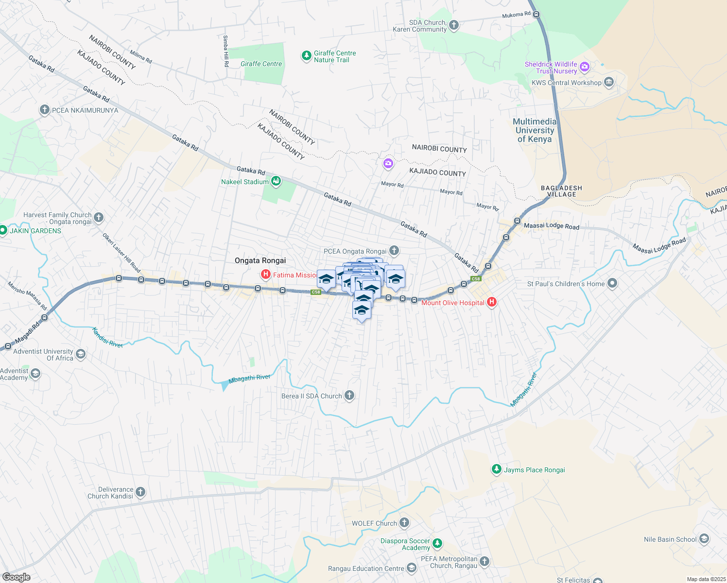 map of restaurants, bars, coffee shops, grocery stores, and more near Magadi Road in Ongata Rongai