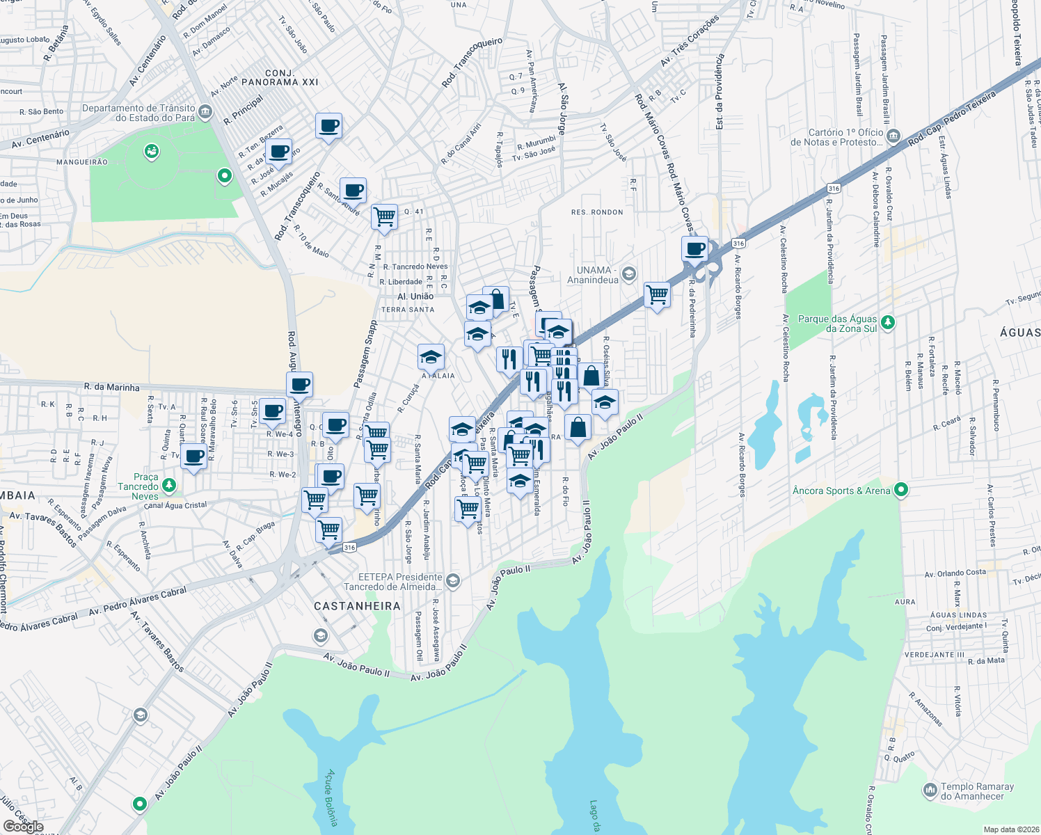 map of restaurants, bars, coffee shops, grocery stores, and more near 197 Rua Liberdade in Ananindeua