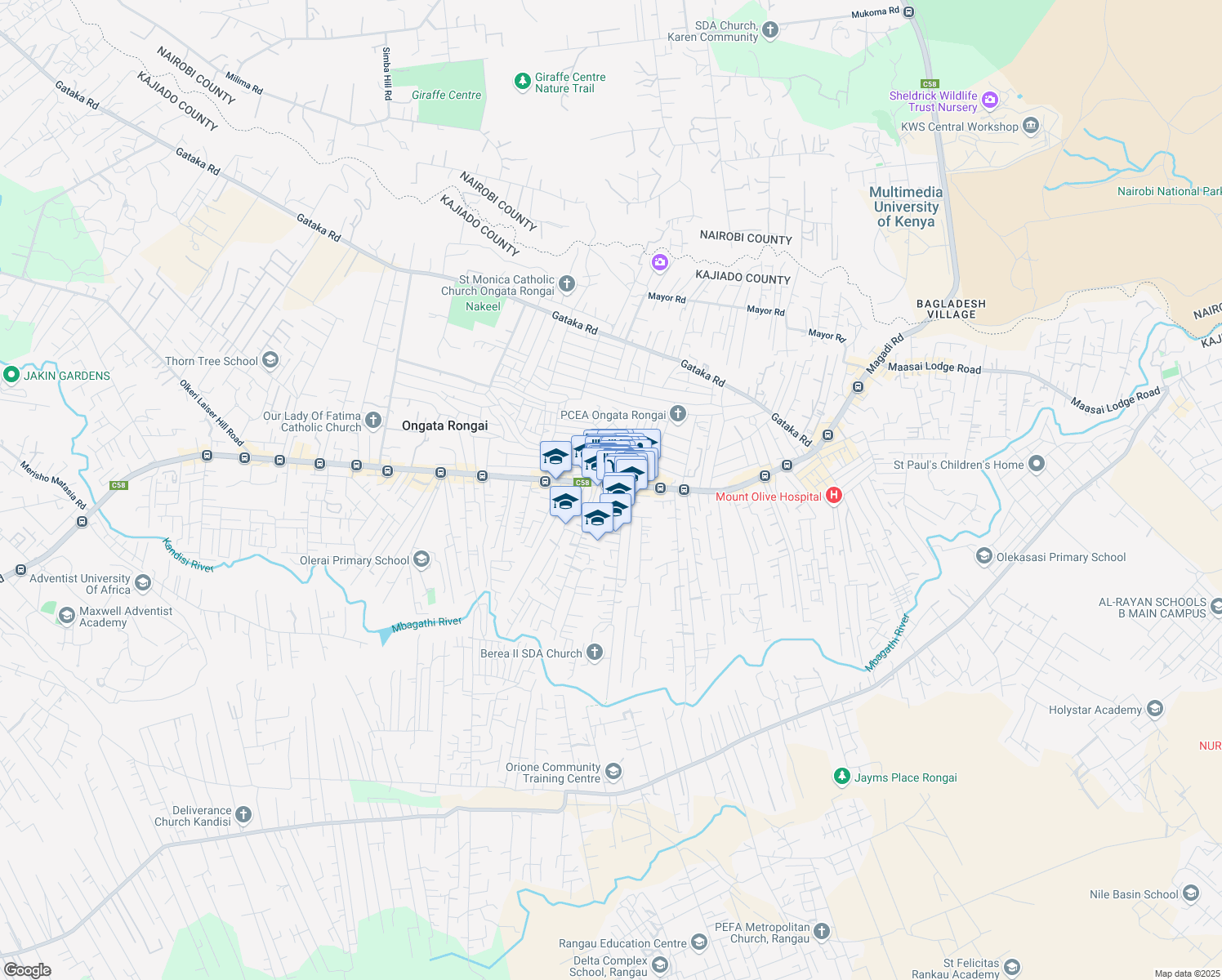 map of restaurants, bars, coffee shops, grocery stores, and more near Umoja Road in Ongata Rongai