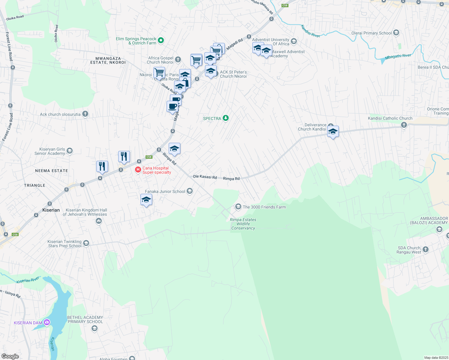 map of restaurants, bars, coffee shops, grocery stores, and more near in Ongata Rongai