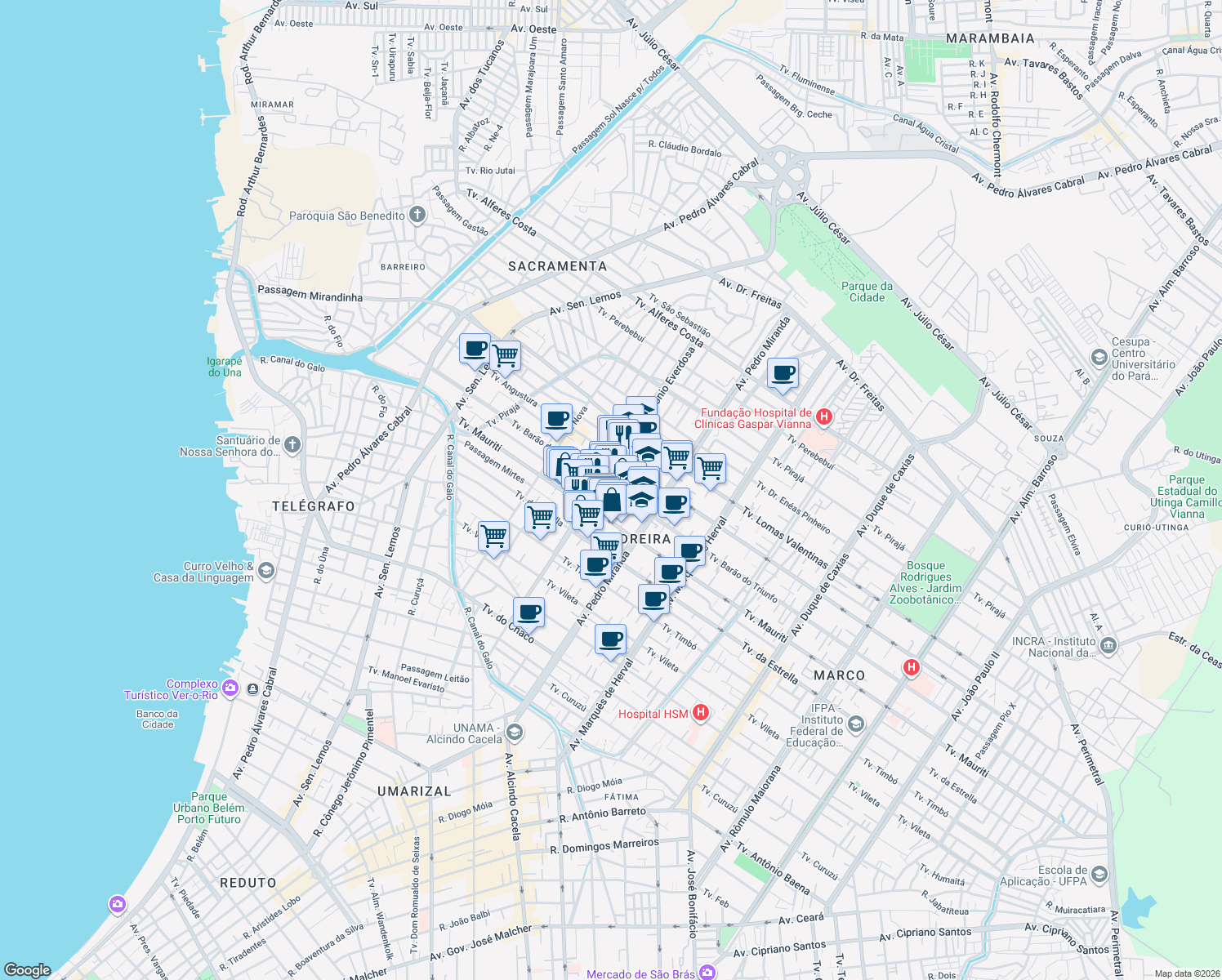 map of restaurants, bars, coffee shops, grocery stores, and more near 1370 Travessa Barão do Triunfo in Belém