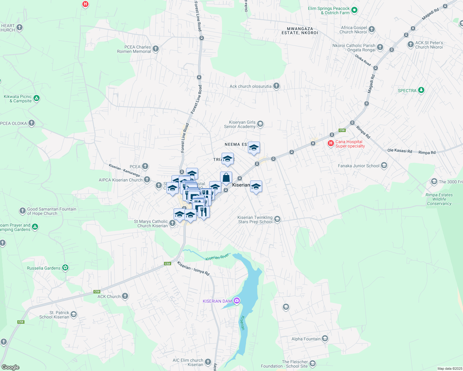 map of restaurants, bars, coffee shops, grocery stores, and more near Magadi Road in Kiserian