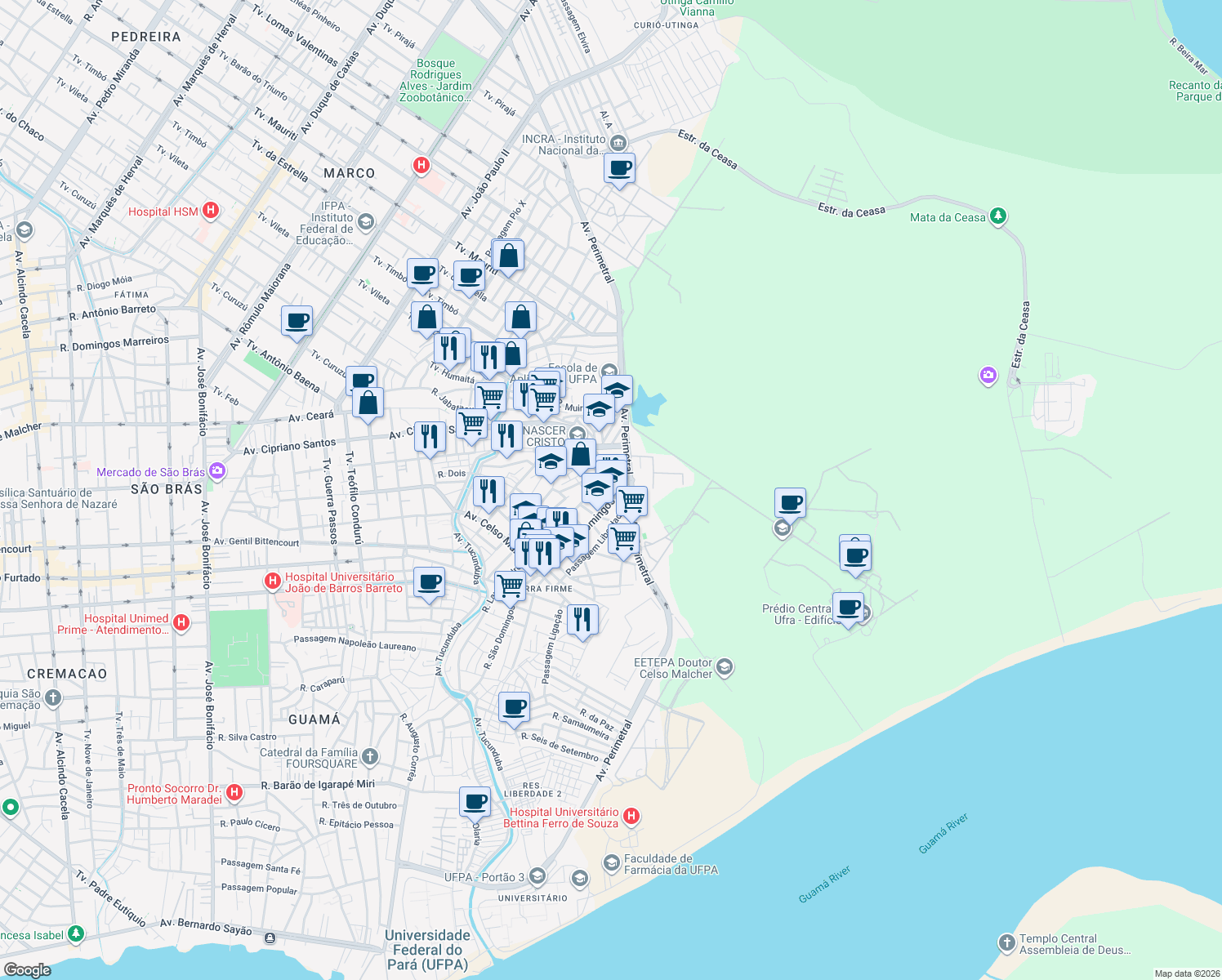 map of restaurants, bars, coffee shops, grocery stores, and more near 7 Passagem Canaã in Belém
