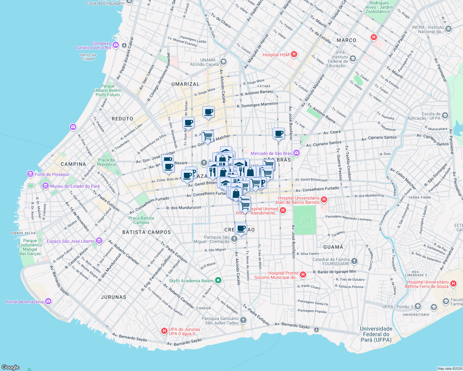 map of restaurants, bars, coffee shops, grocery stores, and more near Avenida Alcindo Cacela in Belém