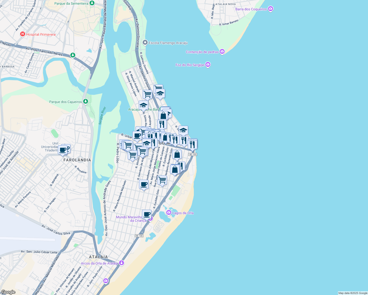 map of restaurants, bars, coffee shops, grocery stores, and more near 400 Rua Delmiro Gouvêia in Aracaju