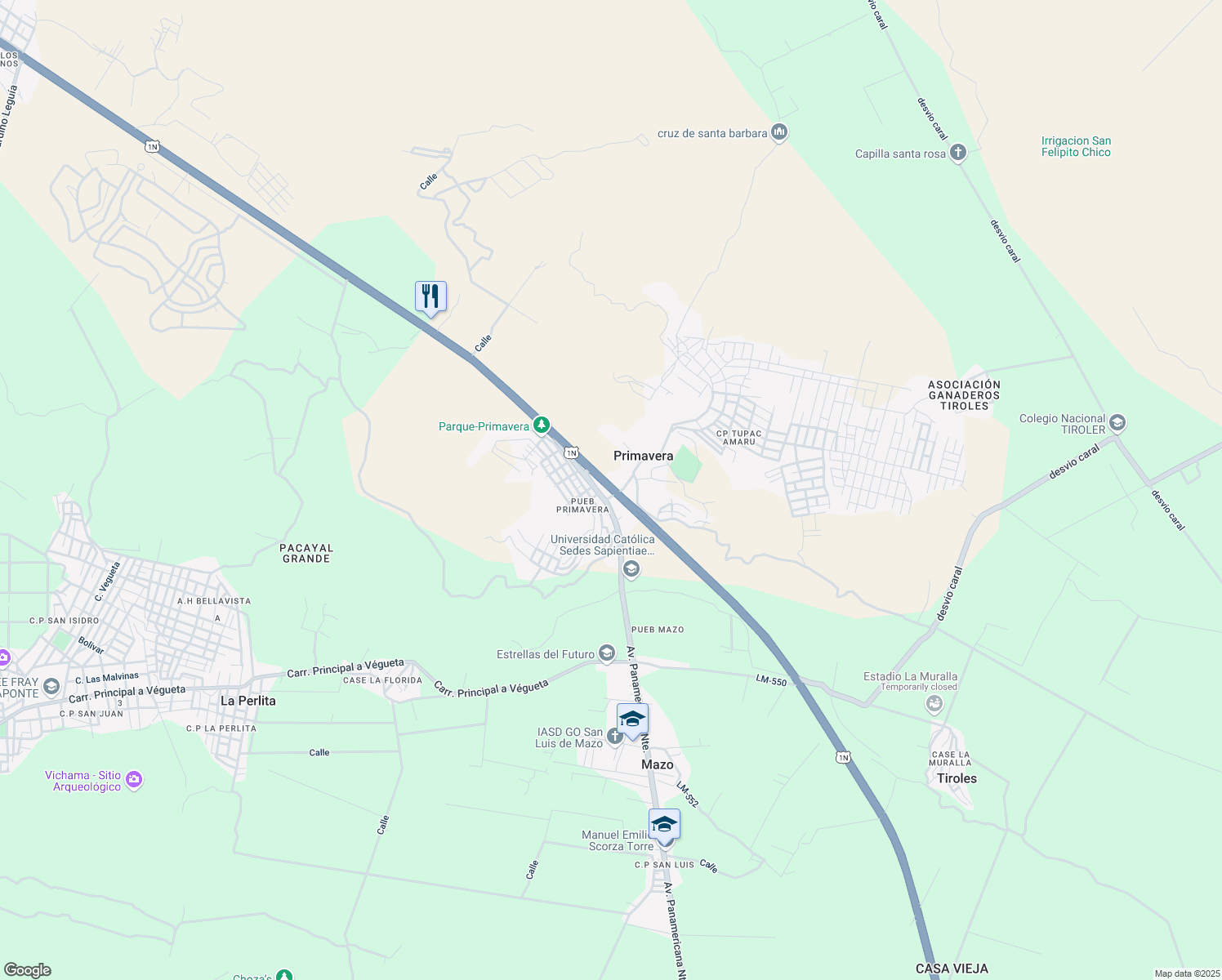 map of restaurants, bars, coffee shops, grocery stores, and more near Panamericana Norte in Primavera