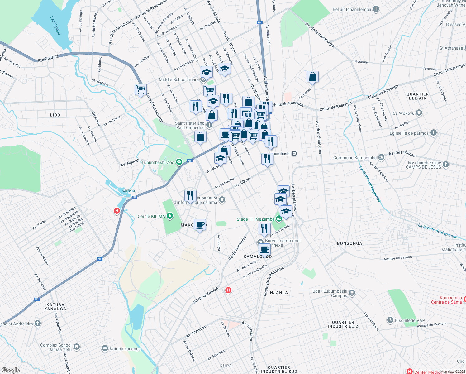 map of restaurants, bars, coffee shops, grocery stores, and more near Avenue Likasi in Lubumbashi