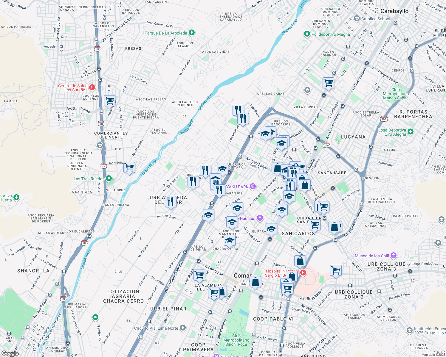 map of restaurants, bars, coffee shops, grocery stores, and more near Heroes del Alto Cenepa in Comas District