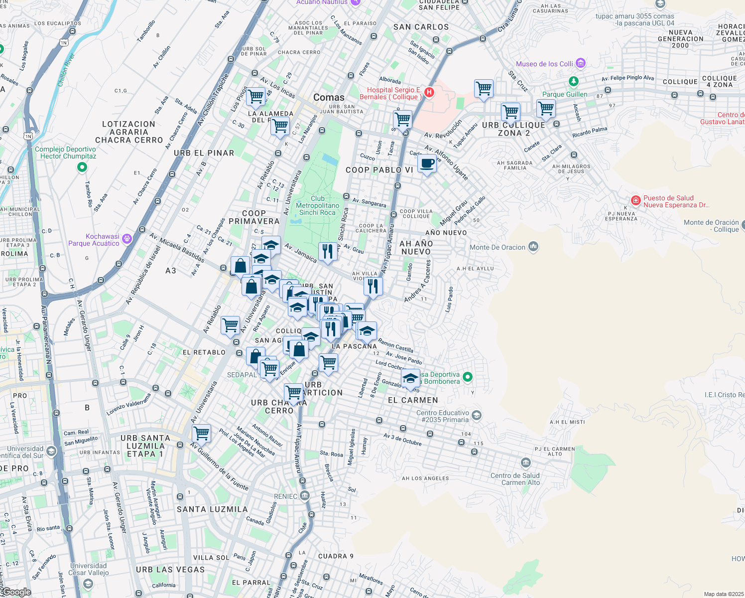 map of restaurants, bars, coffee shops, grocery stores, and more near Avenida Túpac Amaru in Comas