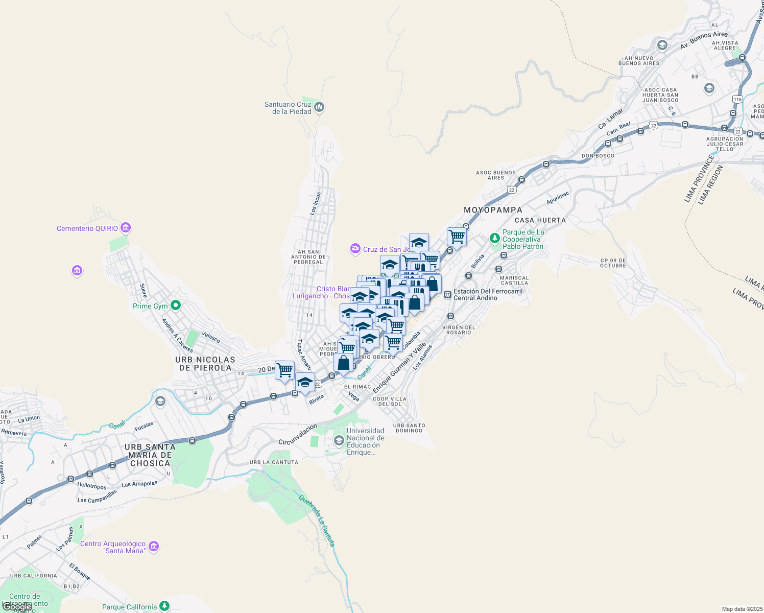 map of restaurants, bars, coffee shops, grocery stores, and more near 496 Jirón Trujillo Sur in Lurigancho-Chosica