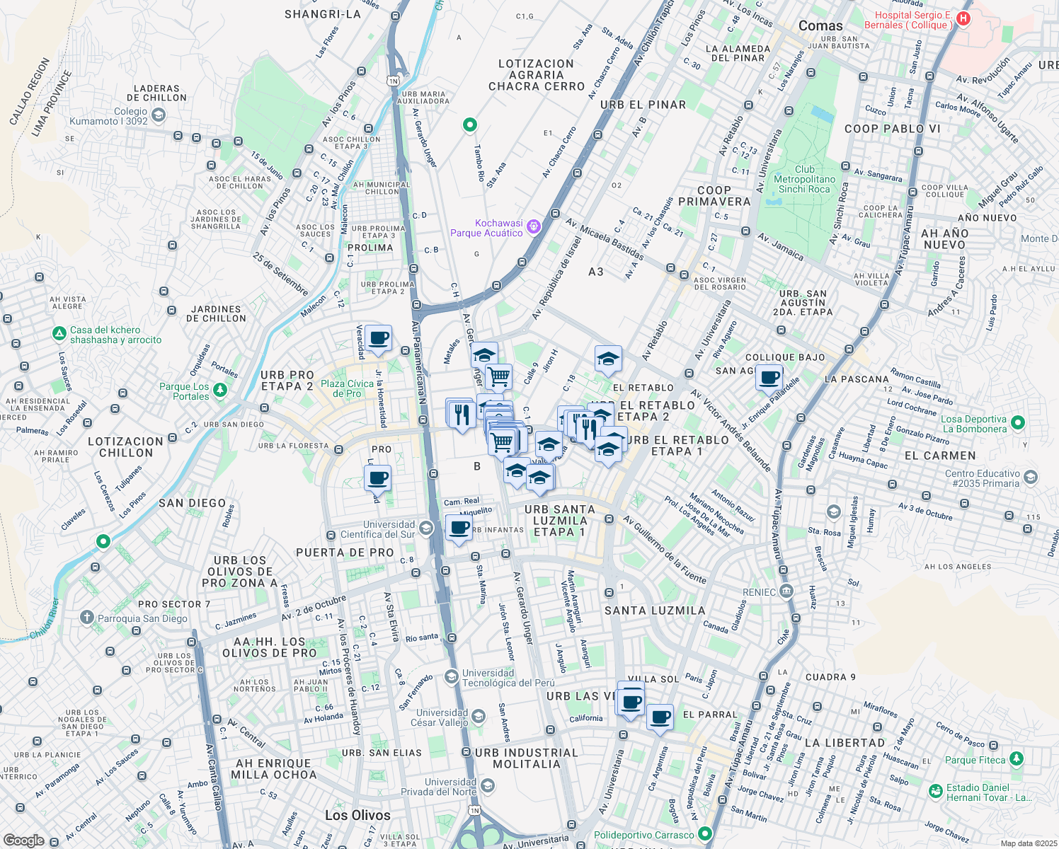 map of restaurants, bars, coffee shops, grocery stores, and more near 528 Avenida Los Ángeles in Comas