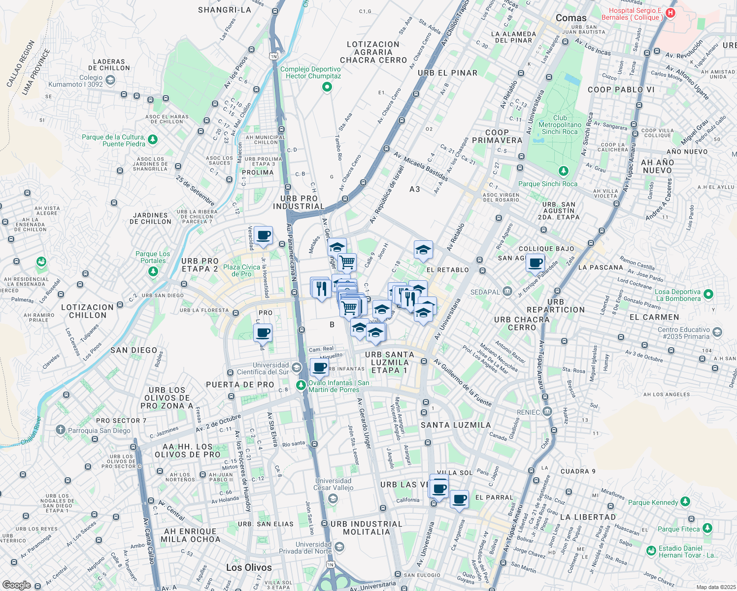 map of restaurants, bars, coffee shops, grocery stores, and more near 528 Avenida Los Ángeles in Comas