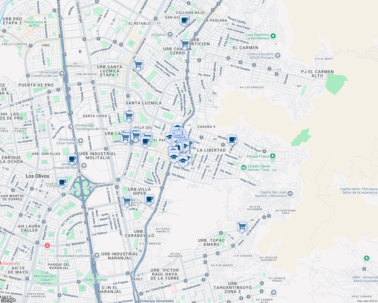 map of restaurants, bars, coffee shops, grocery stores, and more near 499 Avenida Arequipa in Comas