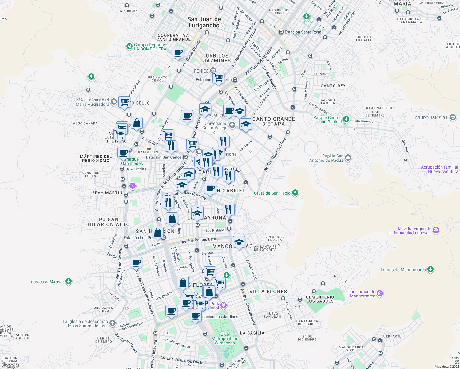 map of restaurants, bars, coffee shops, grocery stores, and more near Santa Maria in San Juan de Lurigancho
