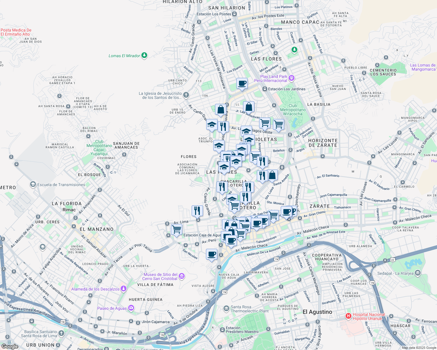 map of restaurants, bars, coffee shops, grocery stores, and more near 525 Calendulas in Cercado de Lima