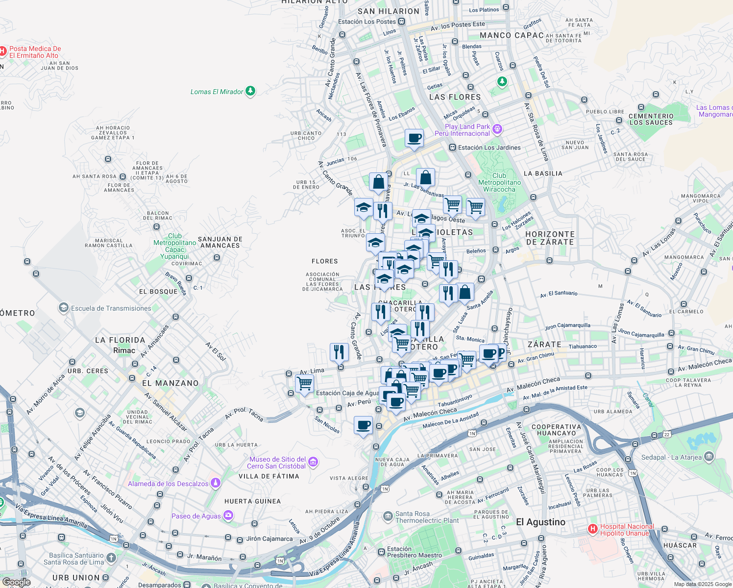 map of restaurants, bars, coffee shops, grocery stores, and more near 525 Calendulas in Cercado de Lima