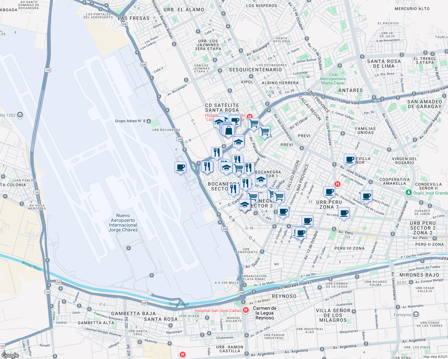 map of restaurants, bars, coffee shops, grocery stores, and more near mz b lt 1 Bocanegra Sector 5 in Callao