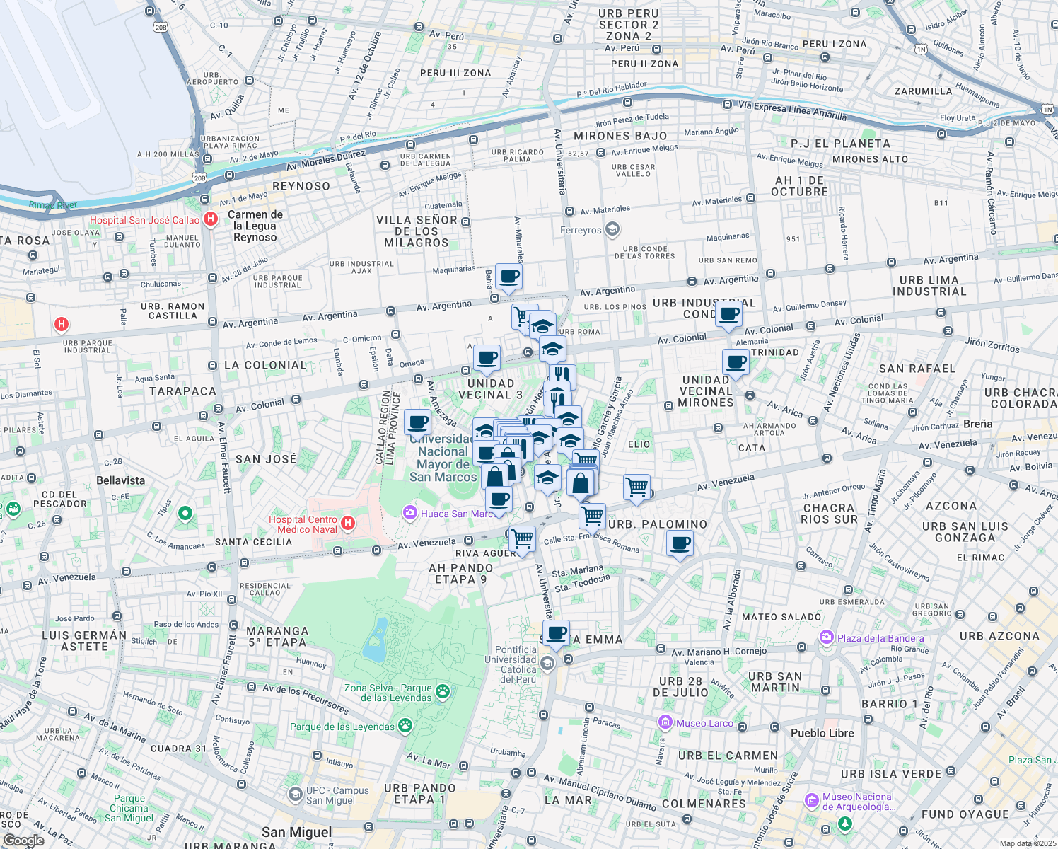 map of restaurants, bars, coffee shops, grocery stores, and more near Ricardo Rivera Navarrete in Cercado de Lima