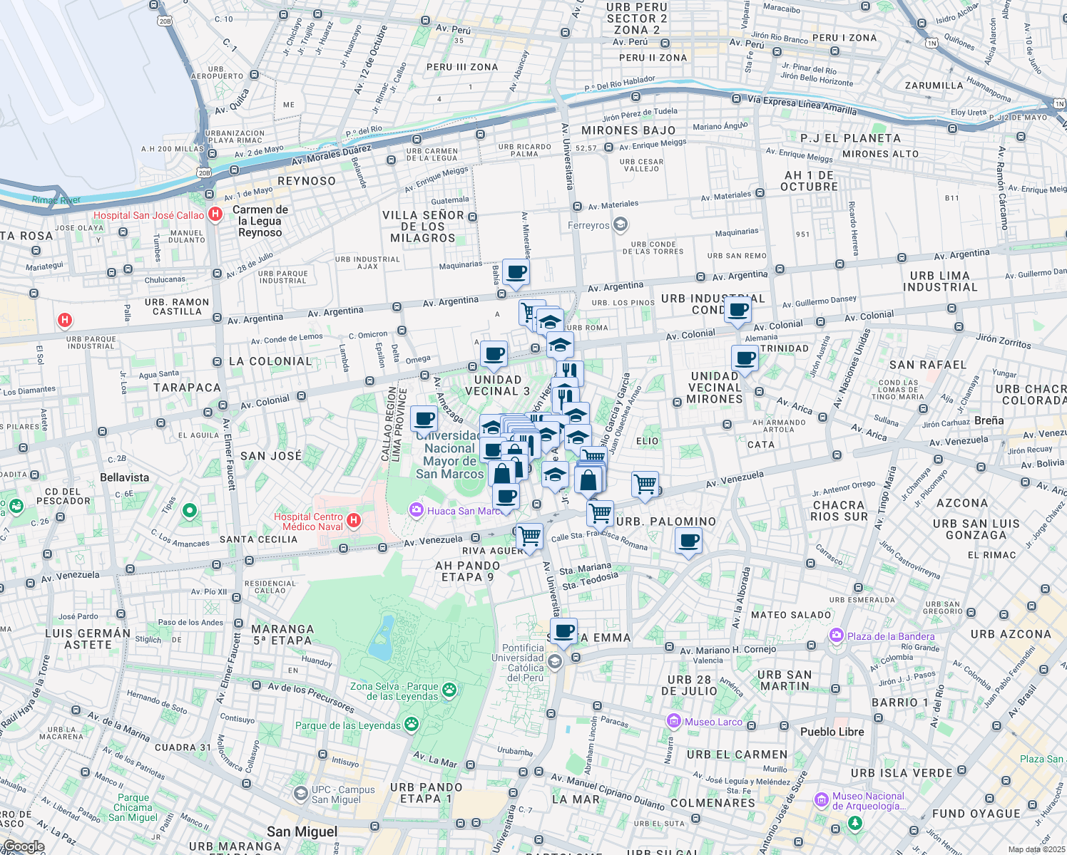 map of restaurants, bars, coffee shops, grocery stores, and more near Ricardo Rivera Navarrete in Cercado de Lima