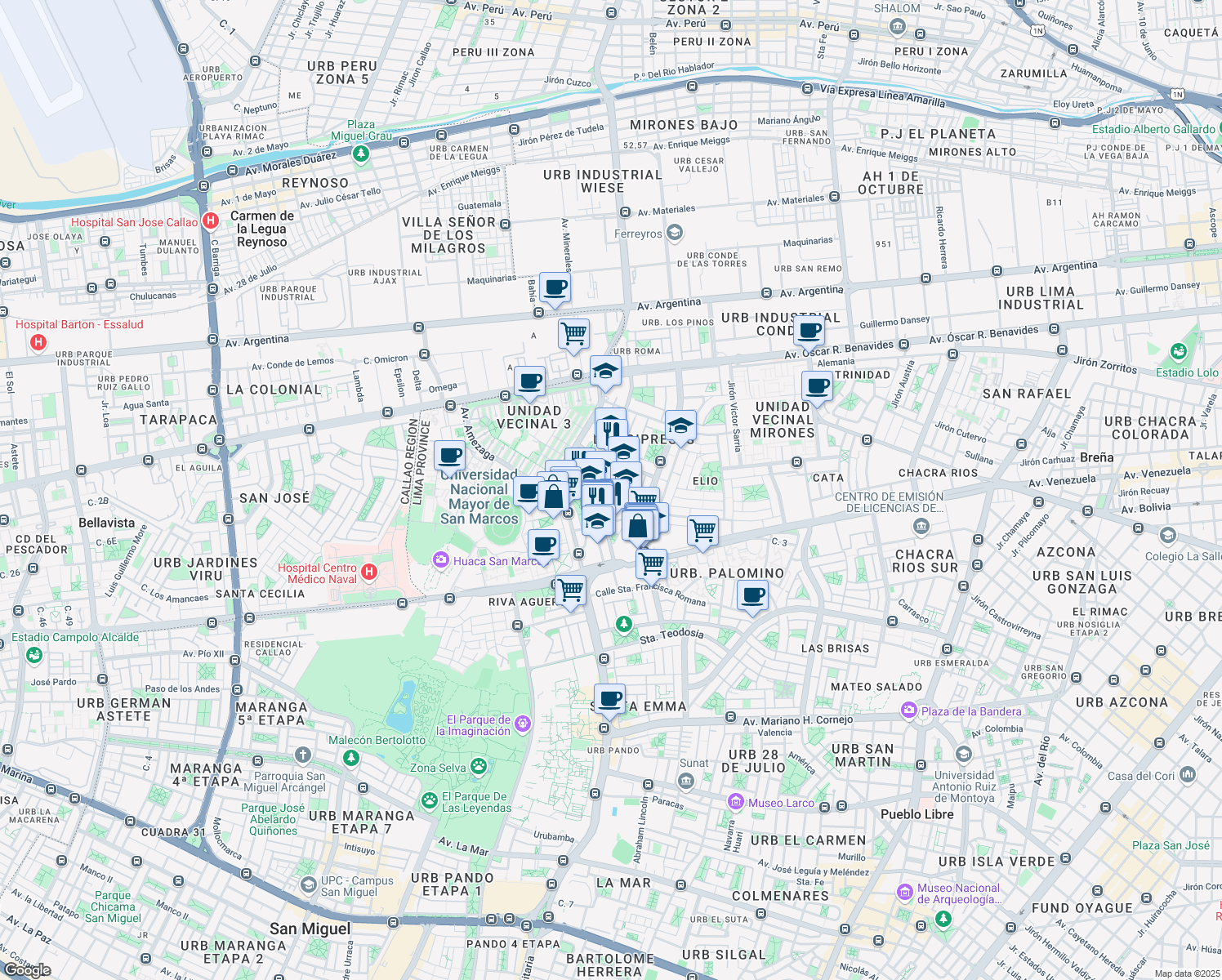 map of restaurants, bars, coffee shops, grocery stores, and more near 144 Avenida Dionisio Derteano in San Isidro