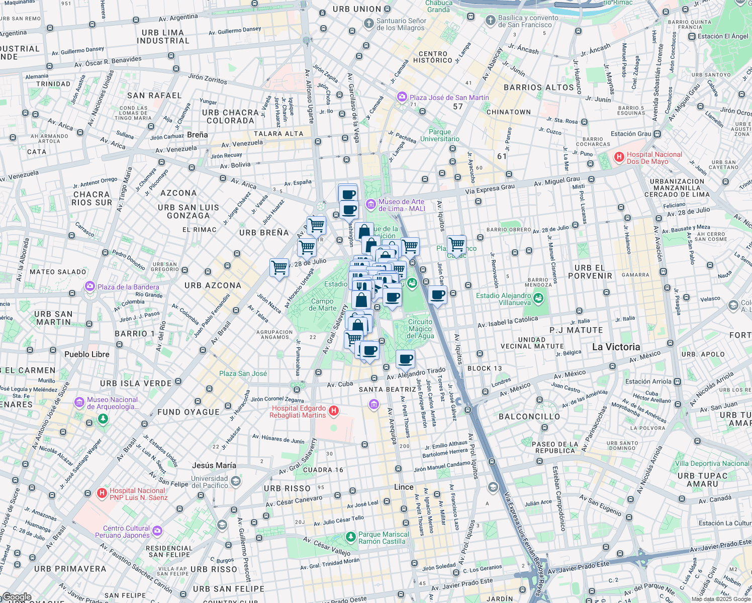 map of restaurants, bars, coffee shops, grocery stores, and more near 499 Avenida Arequipa in Comas