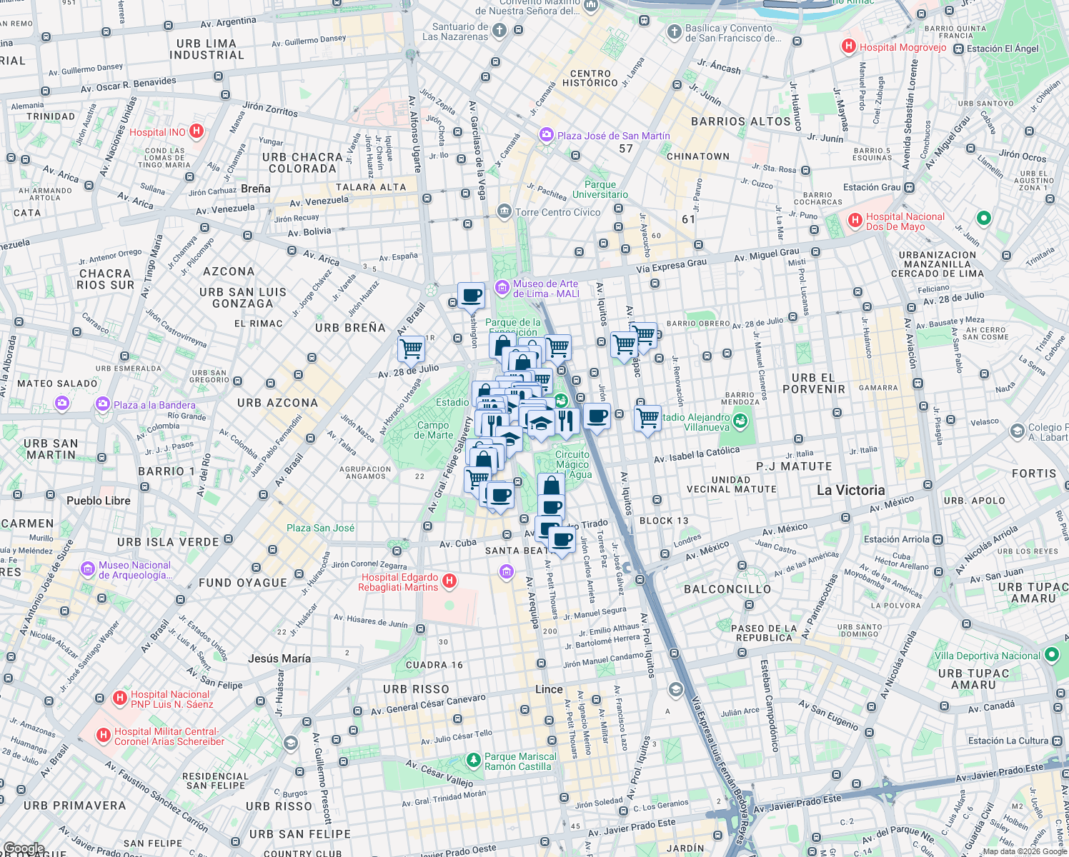 map of restaurants, bars, coffee shops, grocery stores, and more near Jirón Saco Oliveros in Cercado de Lima