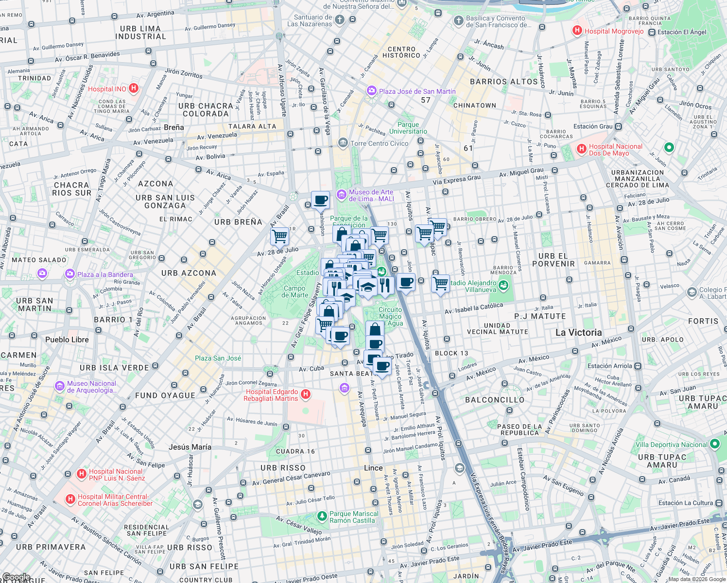 map of restaurants, bars, coffee shops, grocery stores, and more near Jirón Saco Oliveros in Cercado de Lima