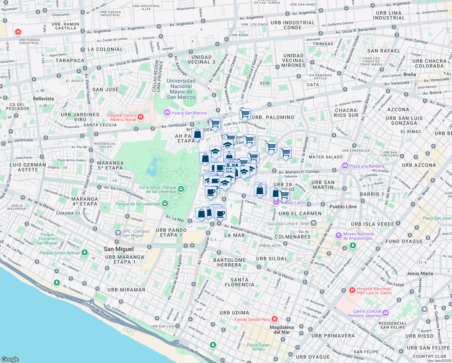 map of restaurants, bars, coffee shops, grocery stores, and more near 1801 Avenida Universitaria in San Miguel