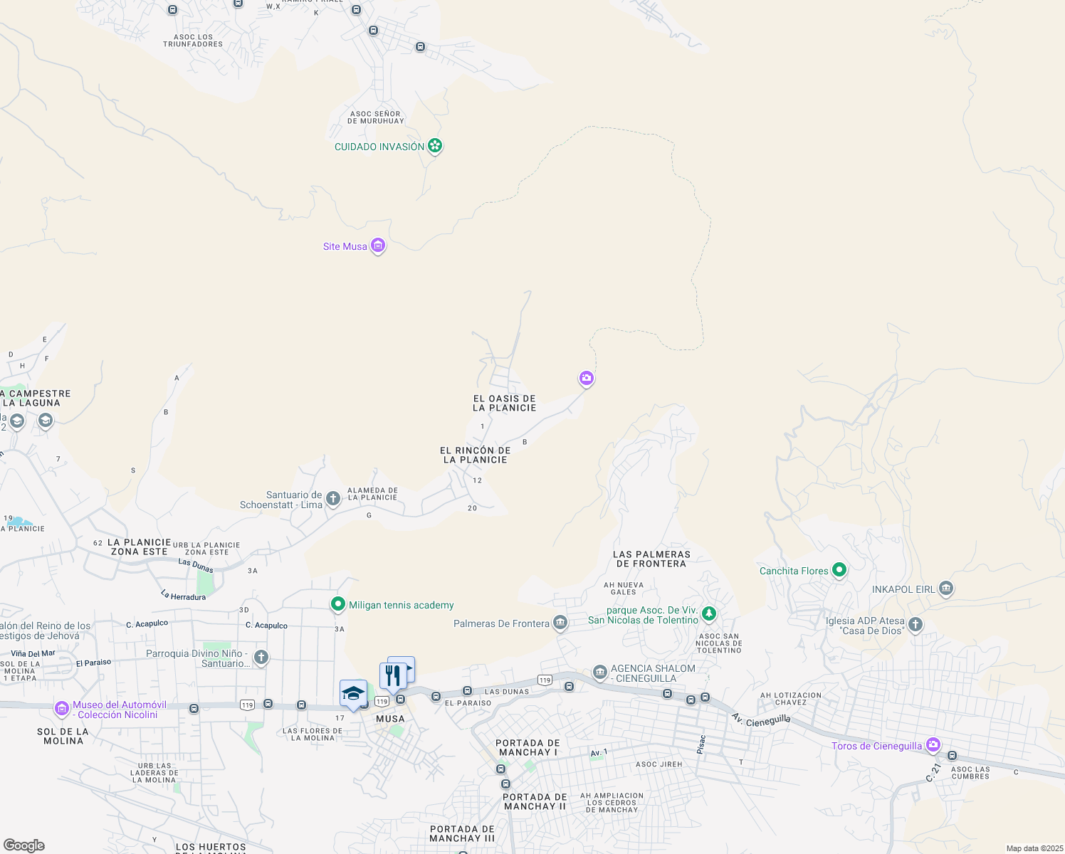 map of restaurants, bars, coffee shops, grocery stores, and more near c6 Calle El Peñon in Lima