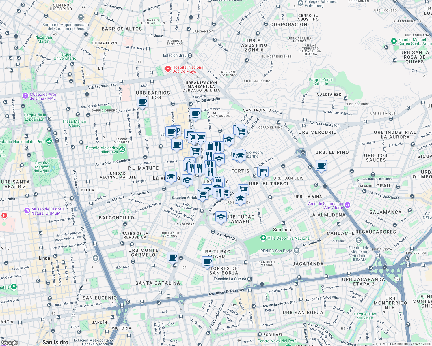 map of restaurants, bars, coffee shops, grocery stores, and more near 186 Pasaje Apolo in La Victoria