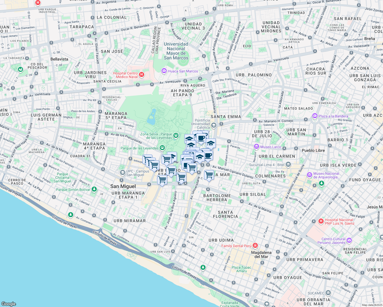 map of restaurants, bars, coffee shops, grocery stores, and more near 1801 Avenida Universitaria in San Miguel