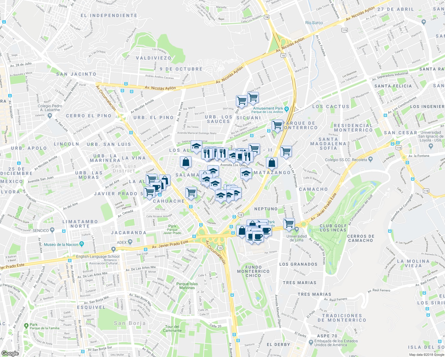 map of restaurants, bars, coffee shops, grocery stores, and more near Felipe Pardo y Aliaga in Lima