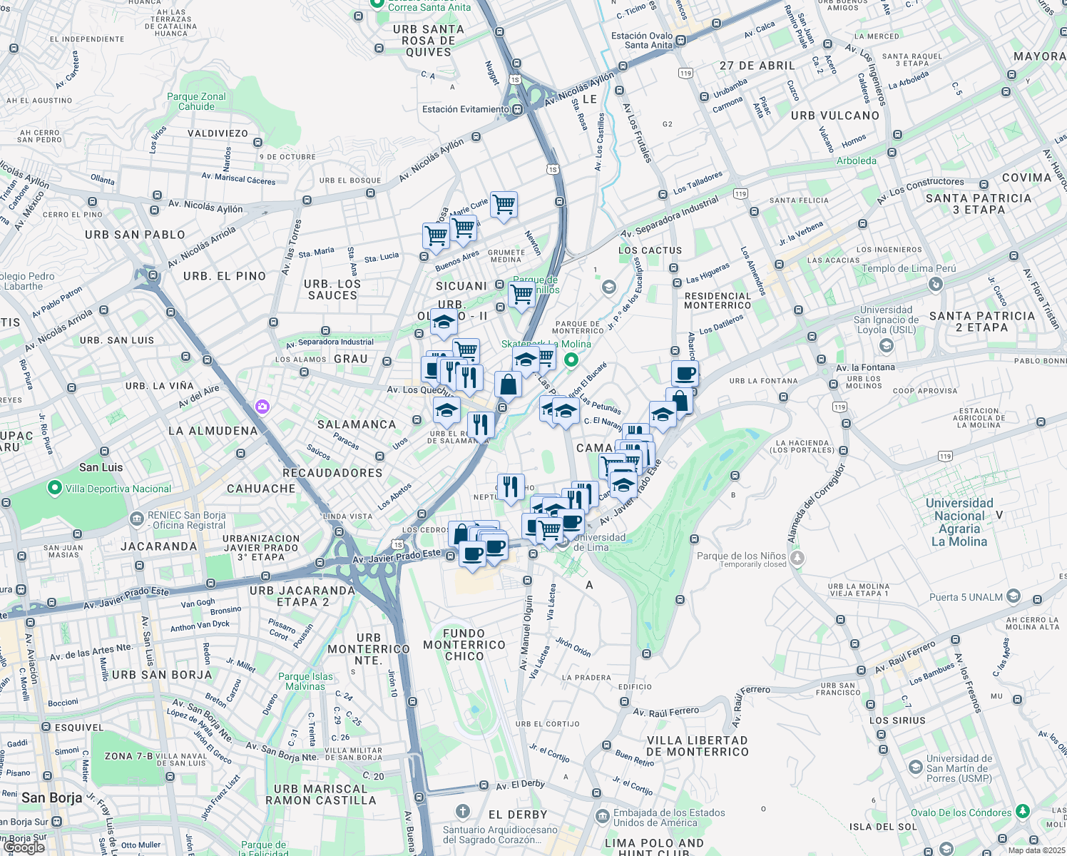 map of restaurants, bars, coffee shops, grocery stores, and more near 325 Avenida Las Palmeras in Cercado de Lima