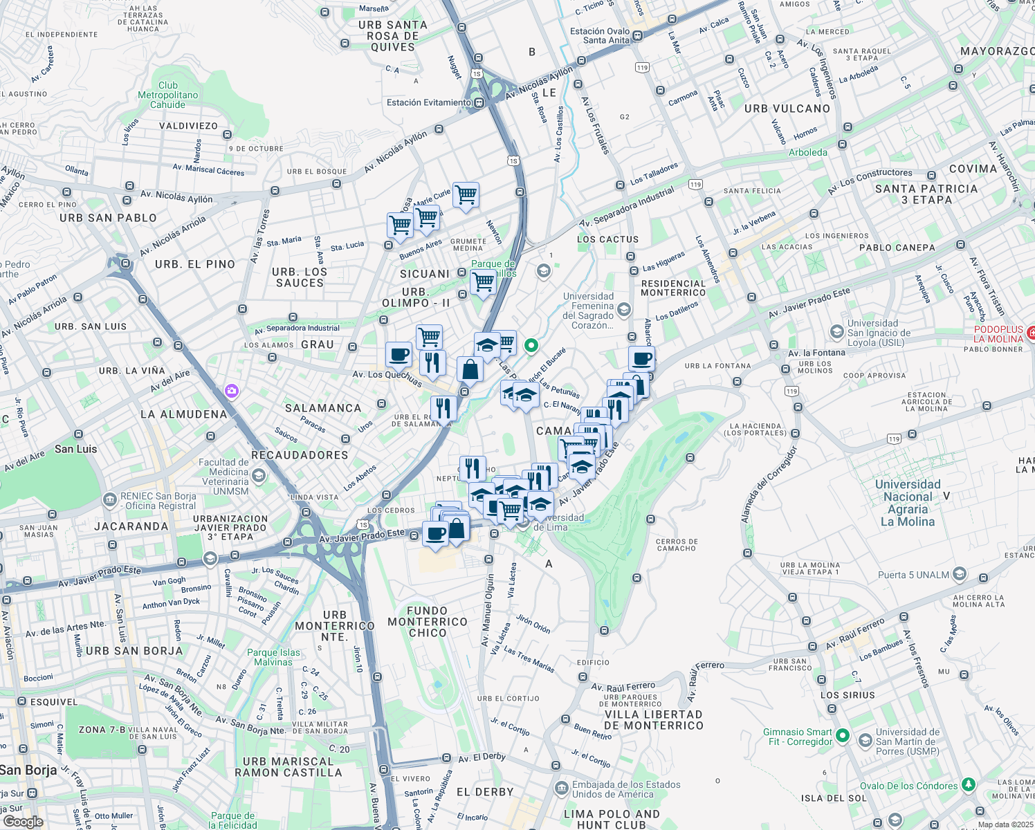map of restaurants, bars, coffee shops, grocery stores, and more near 325 Avenida Las Palmeras in Cercado de Lima
