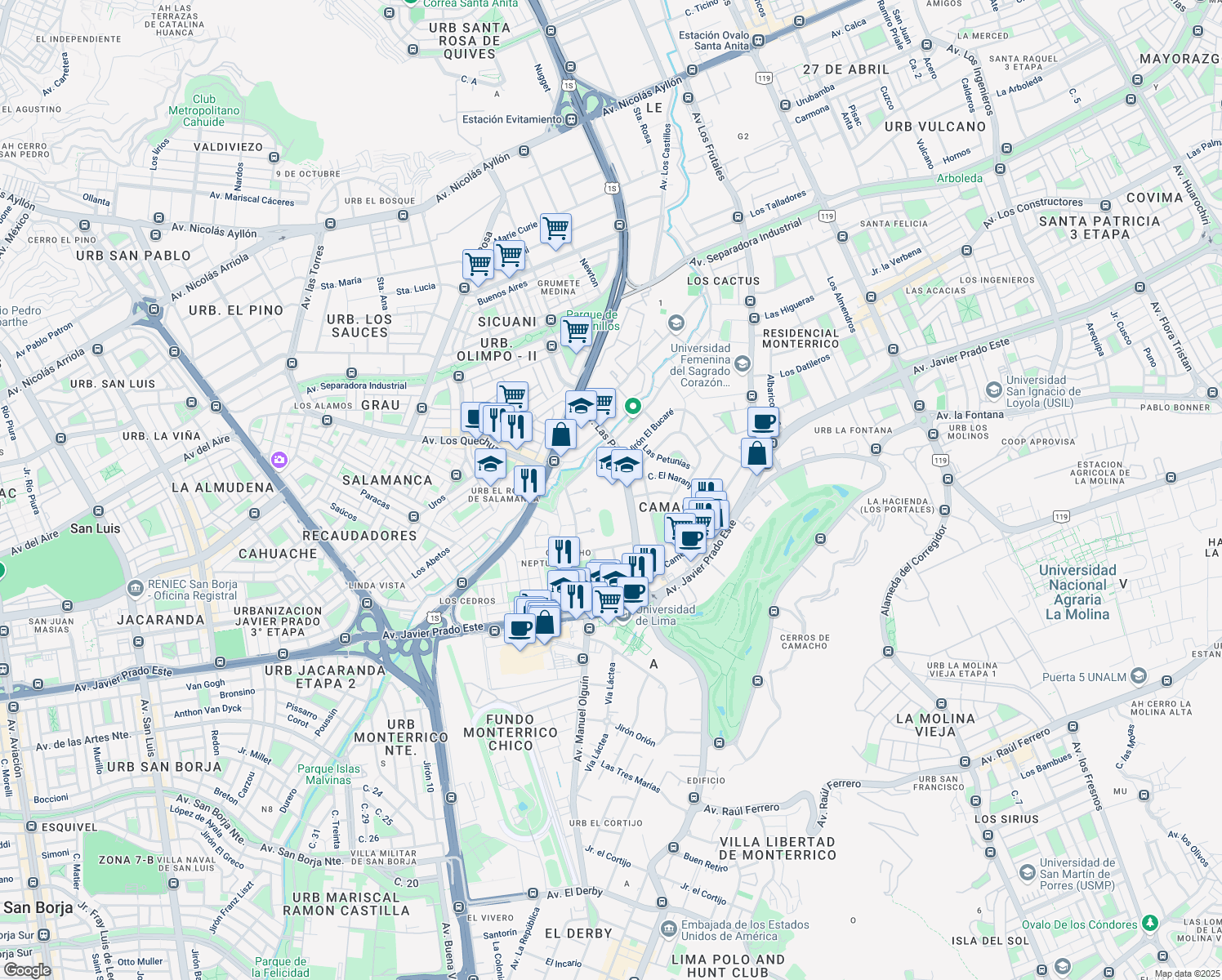 map of restaurants, bars, coffee shops, grocery stores, and more near 325 Avenida Las Palmeras in La Molina