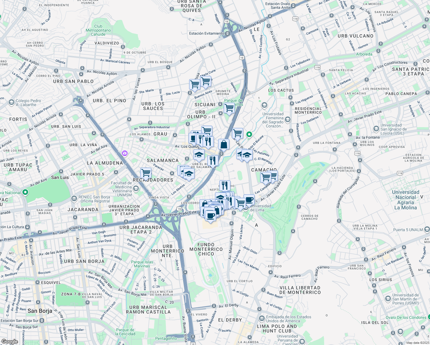 map of restaurants, bars, coffee shops, grocery stores, and more near in Santiago de Surco