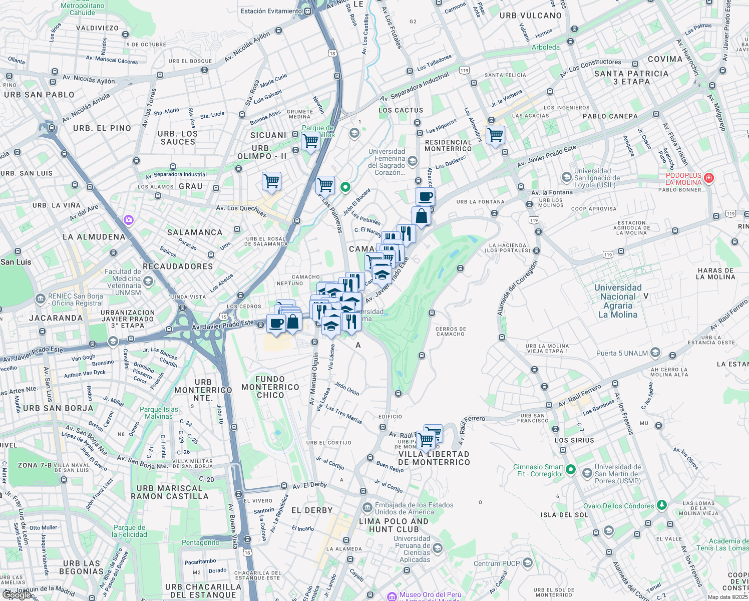 map of restaurants, bars, coffee shops, grocery stores, and more near 134 Avenida Circunvalación in Santiago de Surco