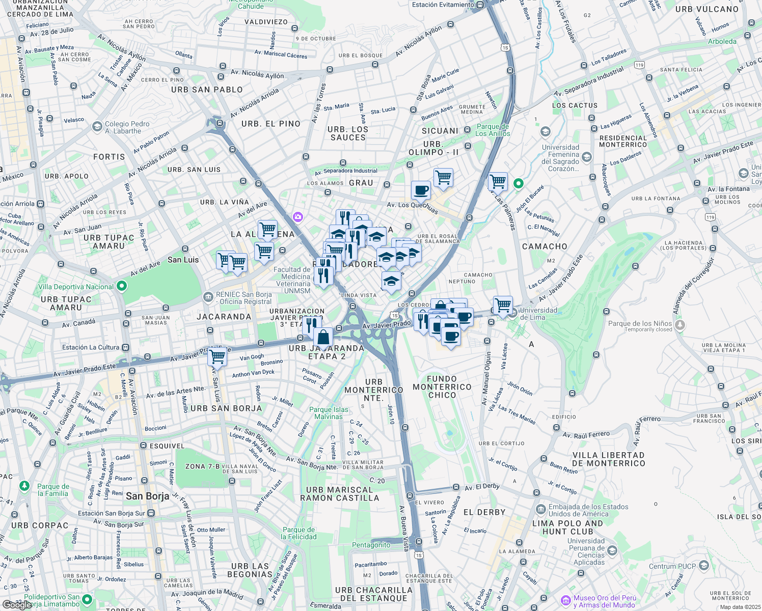 map of restaurants, bars, coffee shops, grocery stores, and more near Los pinos San isidro in Ate