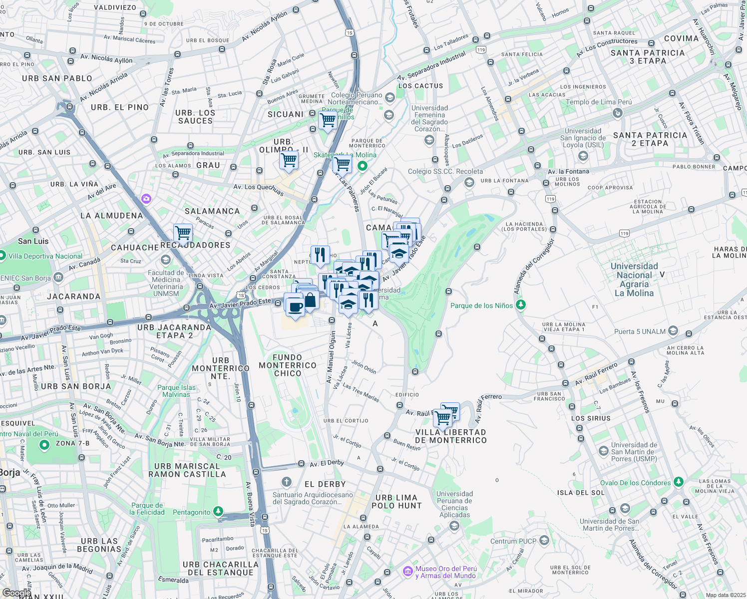 map of restaurants, bars, coffee shops, grocery stores, and more near 150 Avenida Club Golf los Incas in Santiago de Surco